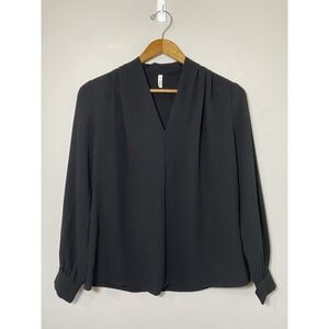 Halara Black Blouse Womens Small V Neck Pleated Shoulder Long Sleeve Button Cuff